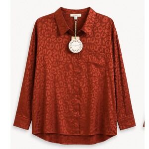 Umgee Plus Rust Orange Leopard Jacquard Satin Button Down Shirt Blouse 1XL NWT